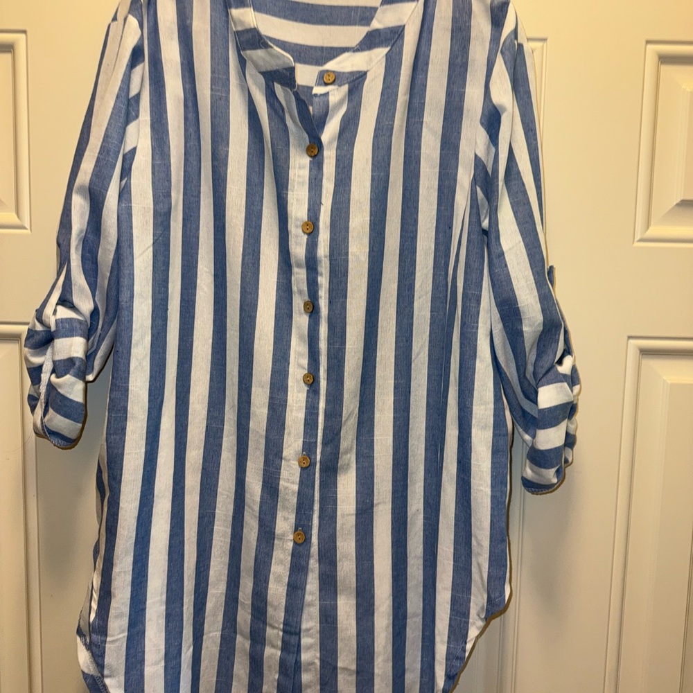 Blue and White Linen-look Striped Button-Up Shirt